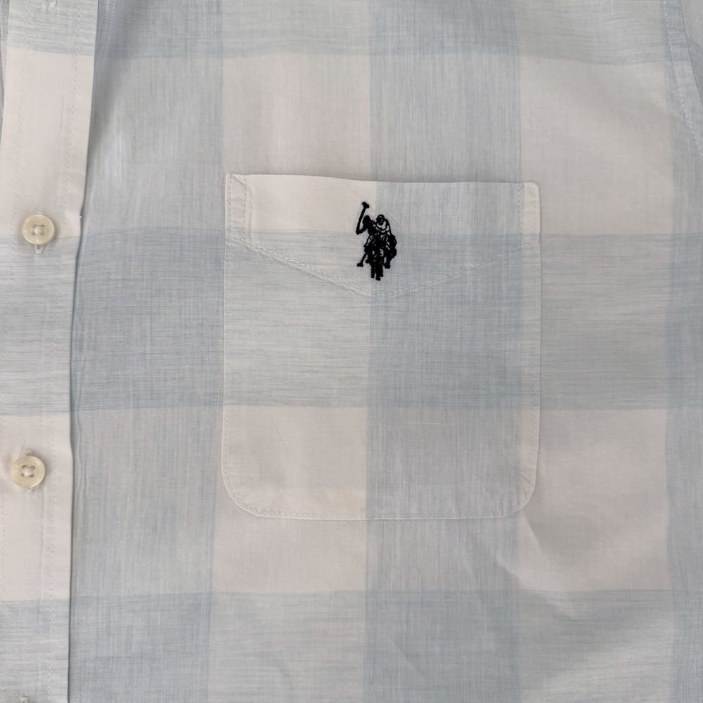U.S. Polo Assn. XXL Blue/White Checkered Short Sleeve Button Front Oxford Shirt - Picture 2 of 9